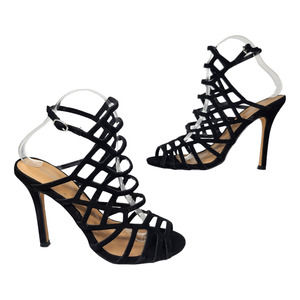 Black Caged Heels Express Shoes Womens 7 Stiletto Strappy Ankle Buckle Dressy